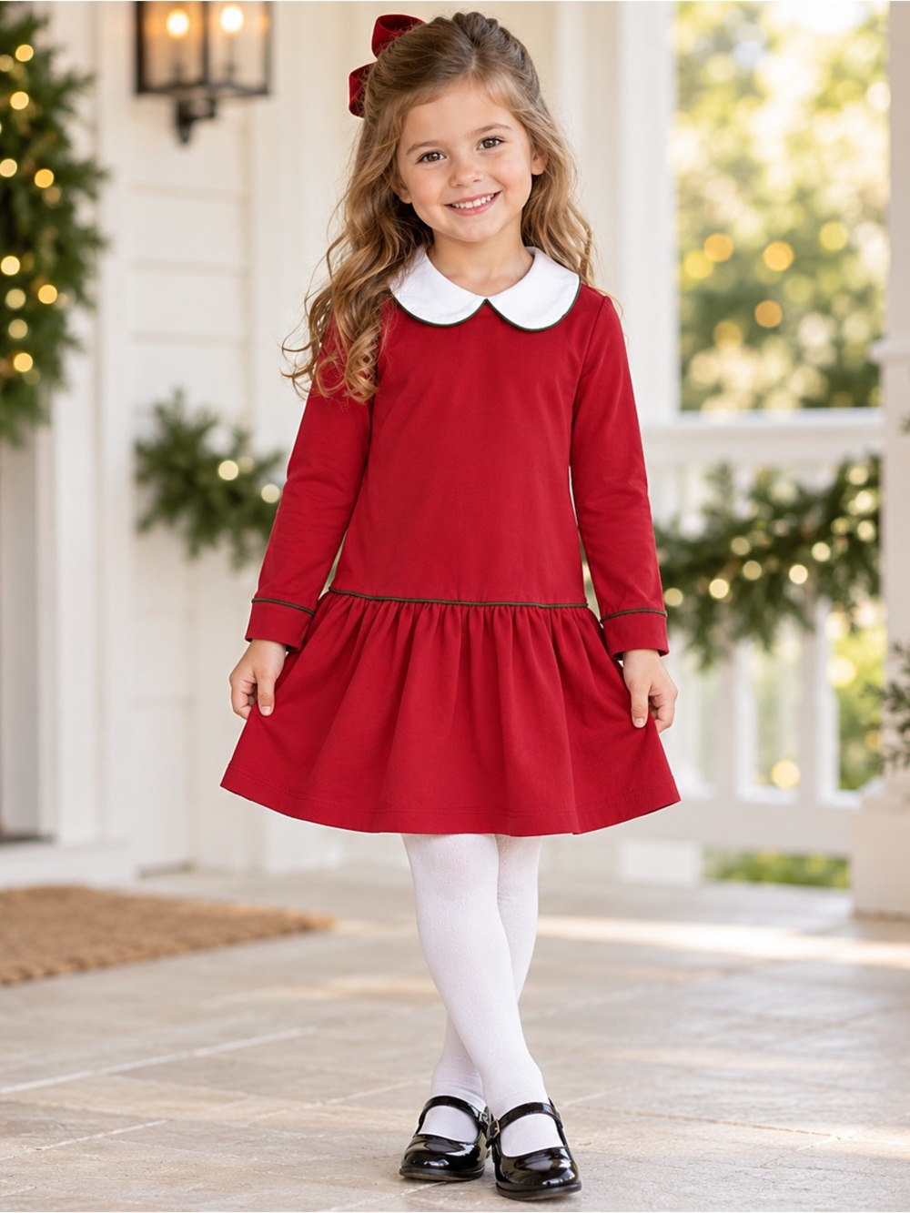 Lila and Hayes Girls Size 5 Red Pima Cotton Peter Pan Collar Christmas Dress